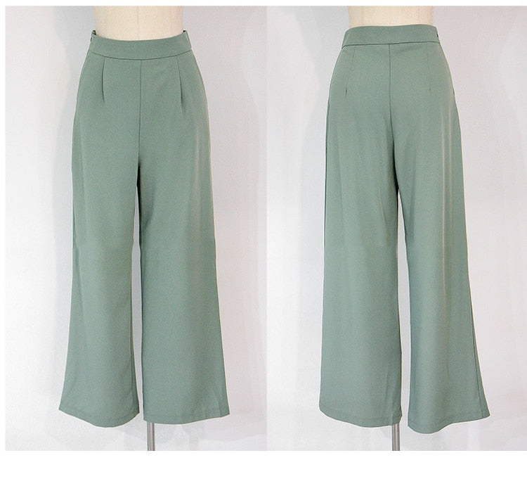 2 Pieces Set Women V-neck Lace Up Tops &amp; High Waist Wide Leg Pants OL Style