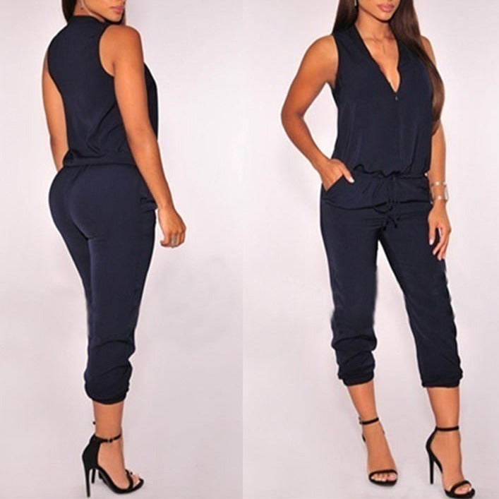 Summer Sexy V Neck Jumpsuit Long Pants Solid Rompers Women&