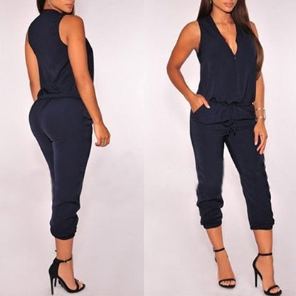Summer Sexy V Neck Jumpsuit Long Pants Solid Rompers Women&