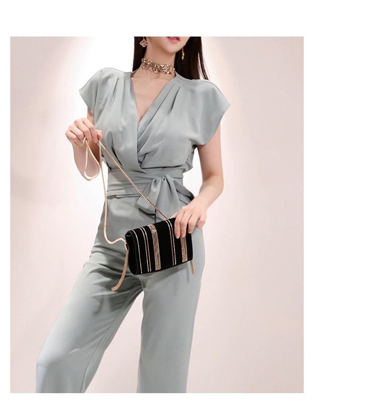 2 Pieces Set Women V-neck Lace Up Tops &amp; High Waist Wide Leg Pants OL Style