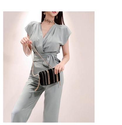 2 Pieces Set Women V-neck Lace Up Tops &amp; High Waist Wide Leg Pants OL Style