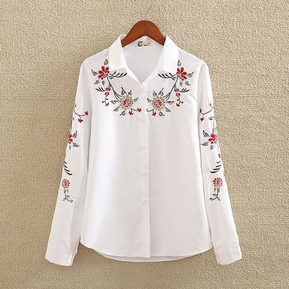 Floral Embroidered Blouse Shirt Women Slim White Tops Long Sleeve Blouses plus size