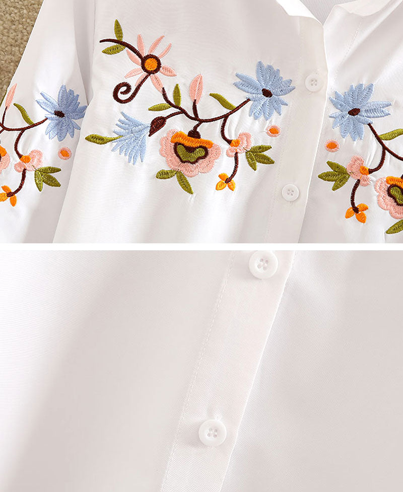 Floral Embroidered Blouse Shirt Women Slim White Tops Long Sleeve Blouses plus size