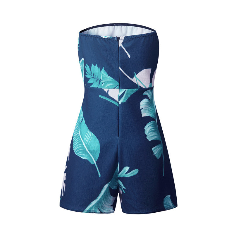 Floral Print Ruffles Strapless Rompers Summer Pleated Chest Wrapped Playsuits Womens Jumpsuit