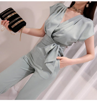 2 Pieces Set Women V-neck Lace Up Tops &amp; High Waist Wide Leg Pants OL Style