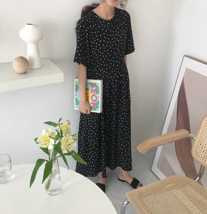 Polka Dot Slim Waist Bandage Long Dress Female Vintage Vestidos with Belt Sundress