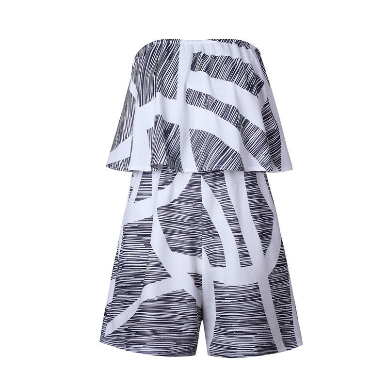 Floral Print Ruffles Strapless Rompers Summer Pleated Chest Wrapped Playsuits Womens Jumpsuit