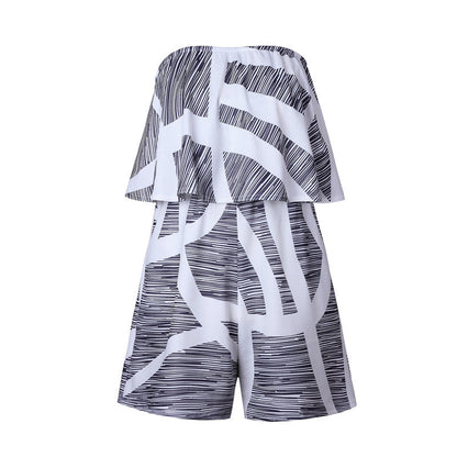 Floral Print Ruffles Strapless Rompers Summer Pleated Chest Wrapped Playsuits Womens Jumpsuit