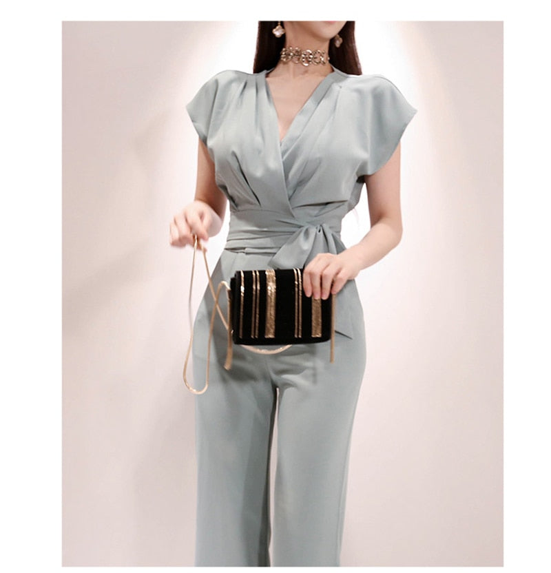 2 Pieces Set Women V-neck Lace Up Tops &amp; High Waist Wide Leg Pants OL Style