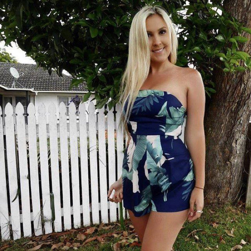 Floral Print Ruffles Strapless Rompers Summer Pleated Chest Wrapped Playsuits Womens Jumpsuit