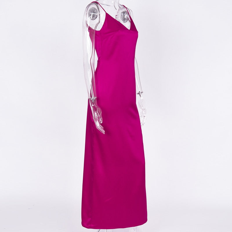 Satin V Neck Maxi Dress Women Spaghetti Strap Sleeveless Backless Side Split Long Dresses Lady Vestido