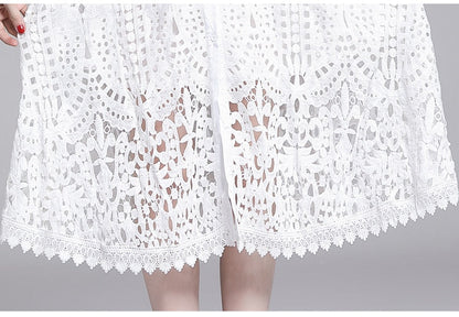 Lace Hollow Out Stand Collar Short Sleeve Dress High Waist Mid-calf Dress