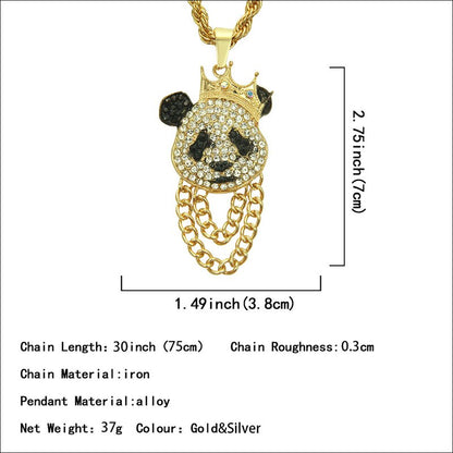 Hip Hop Crown Panda Pendant Necklace Iced Out Cuban Link Chain Mens Women
