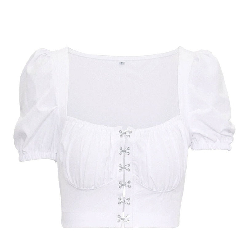 Women clothes Ladies Button Square Neck Tops Short Sleeve square collar pullover T-shirts