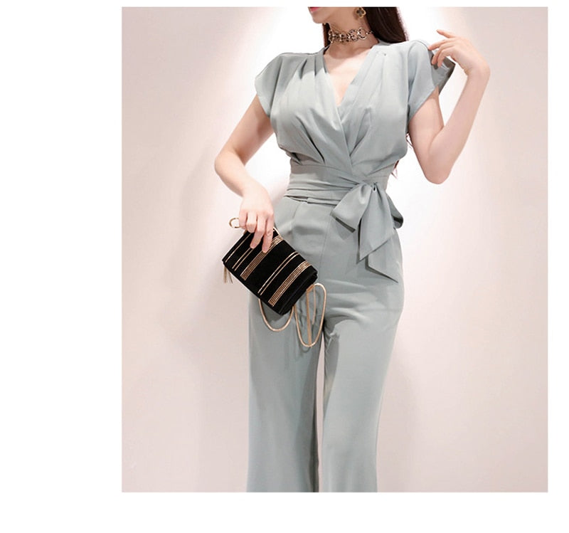 2 Pieces Set Women V-neck Lace Up Tops &amp; High Waist Wide Leg Pants OL Style