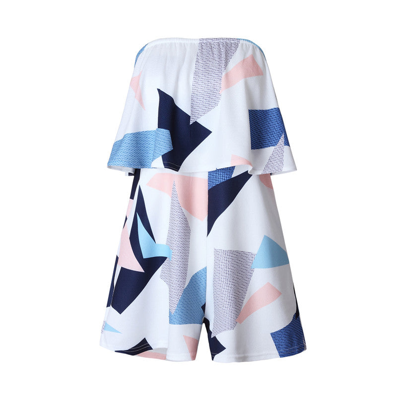 Floral Print Ruffles Strapless Rompers Summer Pleated Chest Wrapped Playsuits Womens Jumpsuit