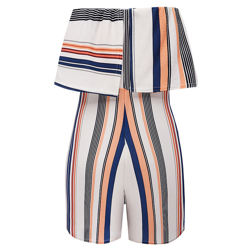 Floral Print Ruffles Strapless Rompers Summer Pleated Chest Wrapped Playsuits Womens Jumpsuit