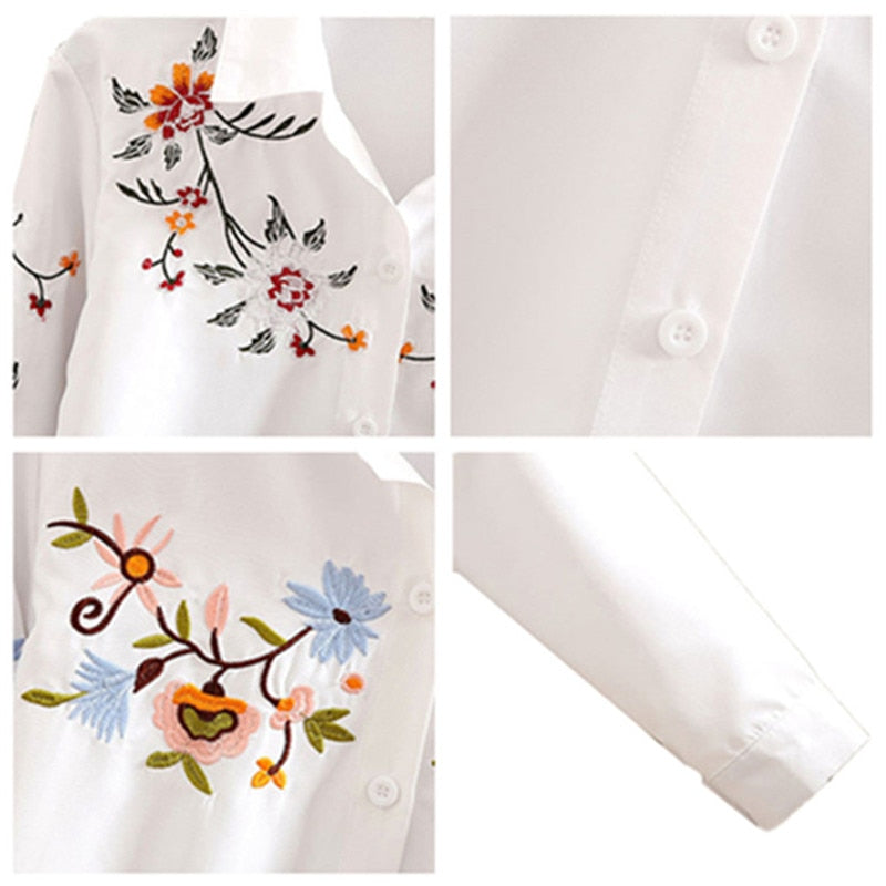 Floral Embroidered Blouse Shirt Women Slim White Tops Long Sleeve Blouses plus size
