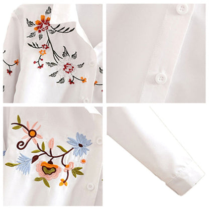 Floral Embroidered Blouse Shirt Women Slim White Tops Long Sleeve Blouses plus size