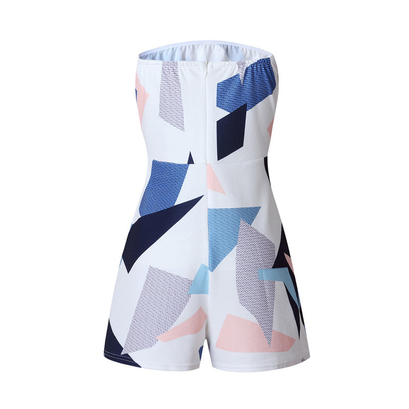 Floral Print Ruffles Strapless Rompers Summer Pleated Chest Wrapped Playsuits Womens Jumpsuit