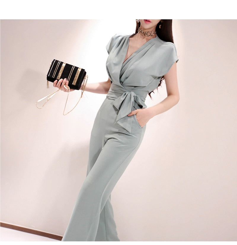 2 Pieces Set Women V-neck Lace Up Tops &amp; High Waist Wide Leg Pants OL Style