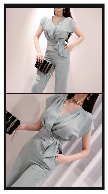 2 Pieces Set Women V-neck Lace Up Tops &amp; High Waist Wide Leg Pants OL Style