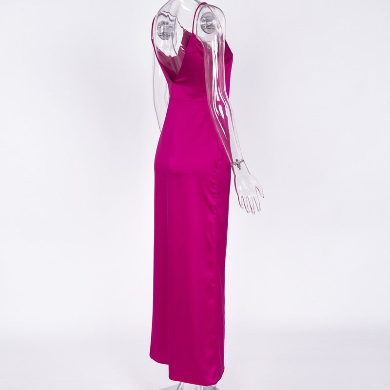 Satin V Neck Maxi Dress Women Spaghetti Strap Sleeveless Backless Side Split Long Dresses Lady Vestido