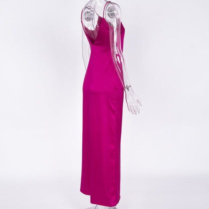 Satin V Neck Maxi Dress Women Spaghetti Strap Sleeveless Backless Side Split Long Dresses Lady Vestido