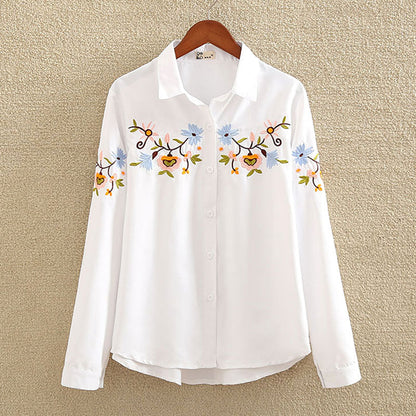 Floral Embroidered Blouse Shirt Women Slim White Tops Long Sleeve Blouses plus size