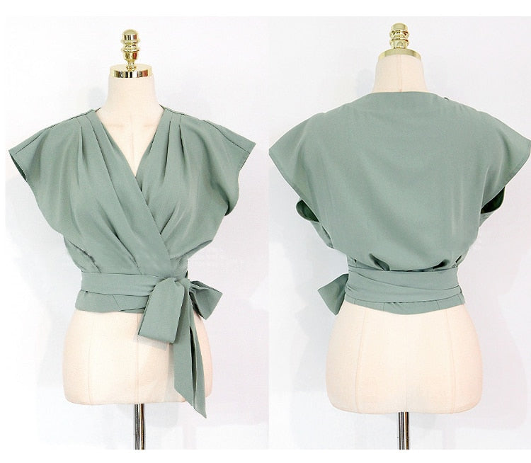 2 Pieces Set Women V-neck Lace Up Tops &amp; High Waist Wide Leg Pants OL Style