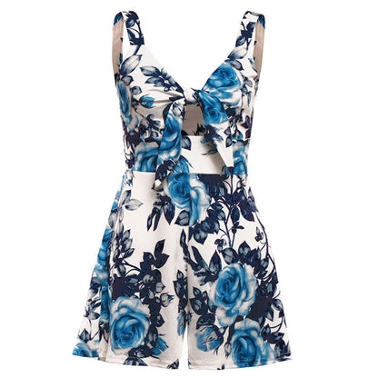 Female Sexy Playsuit print sexy V-neck short jumpsuit women loose casual beach romper