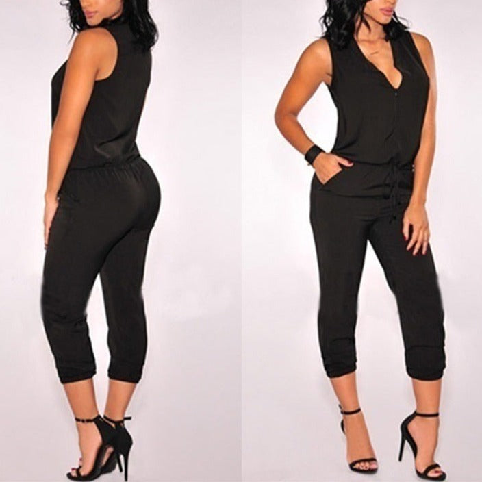 Summer Sexy V Neck Jumpsuit Long Pants Solid Rompers Women&