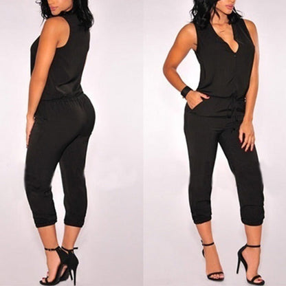 Summer Sexy V Neck Jumpsuit Long Pants Solid Rompers Women&