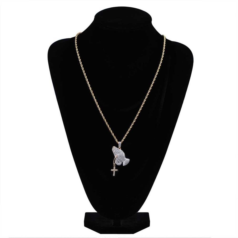 Iced Out Praying Hand Pendant Necklace With Cross Gold Silver Color Hip Hop Necklace
