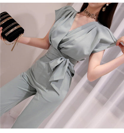 2 Pieces Set Women V-neck Lace Up Tops &amp; High Waist Wide Leg Pants OL Style
