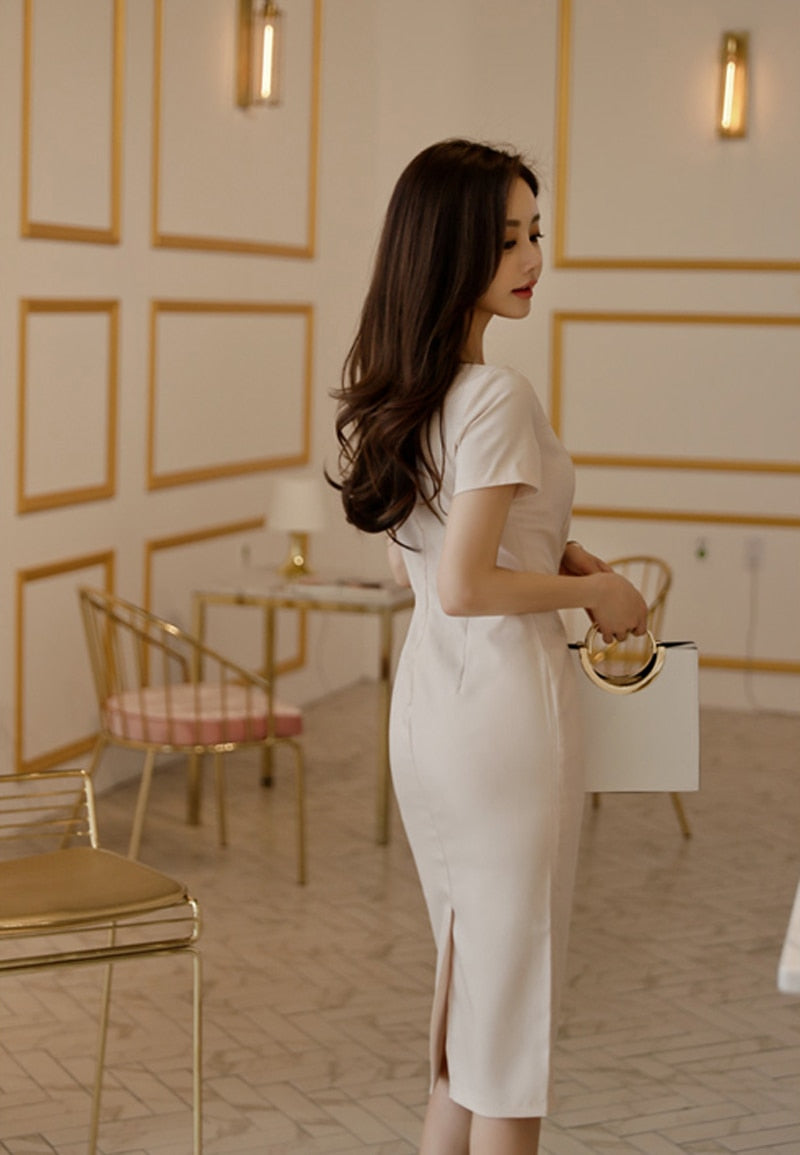 Brief Style Slash-neck Sleeveless Office Ladies Dress Elegant Midi Pencil Dresses