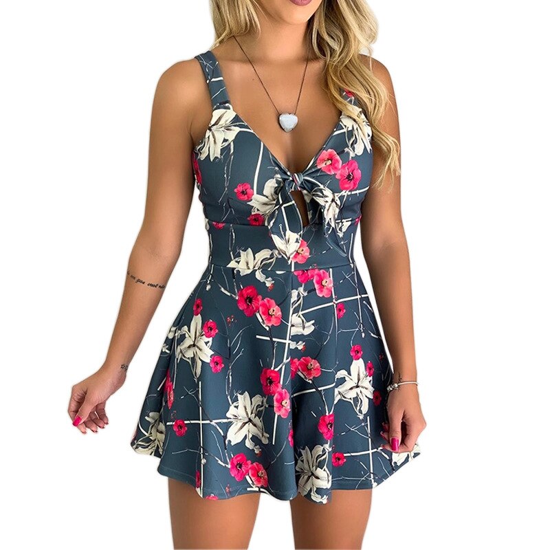 Female Sexy Playsuit print sexy V-neck short jumpsuit women loose casual beach romper