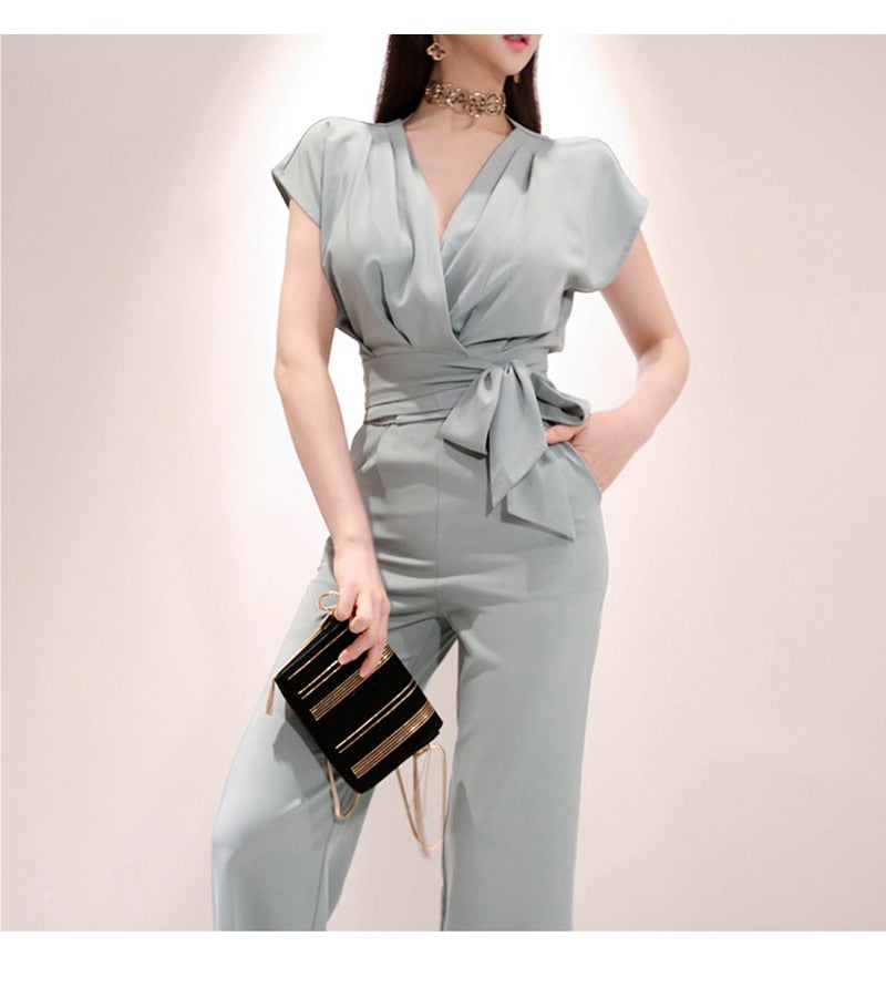 2 Pieces Set Women V-neck Lace Up Tops &amp; High Waist Wide Leg Pants OL Style