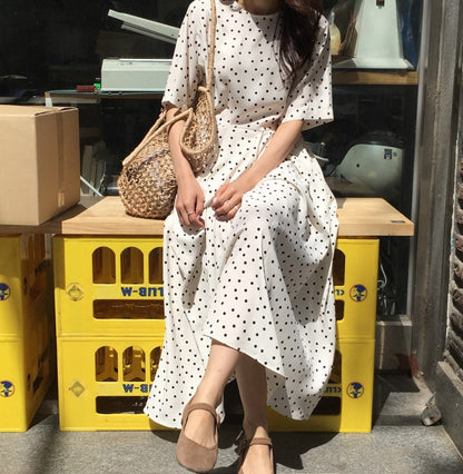 Polka Dot Slim Waist Bandage Long Dress Female Vintage Vestidos with Belt Sundress