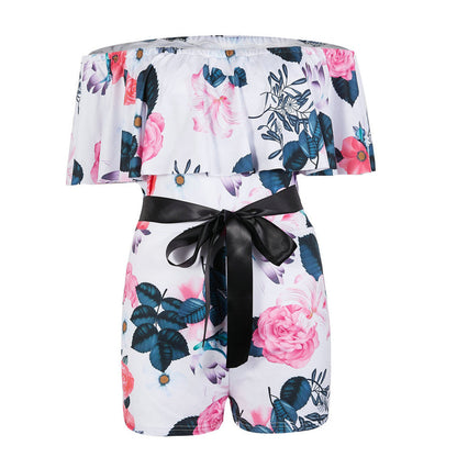 Women Streetwear Patchwork Design Belt Decor One Neck Off Shoulder Short Sleeve Jumpsuits