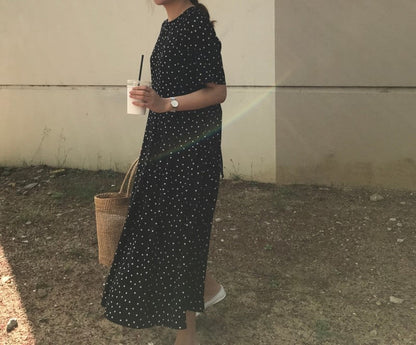 Polka Dot Slim Waist Bandage Long Dress Female Vintage Vestidos with Belt Sundress
