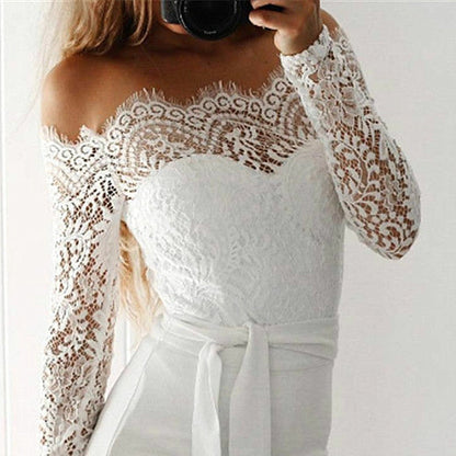 Women Summer Off Shoulder Sexy Playsuits Long Sleeve Sheer Lace Patchwork Hollow Skinny Playsuits