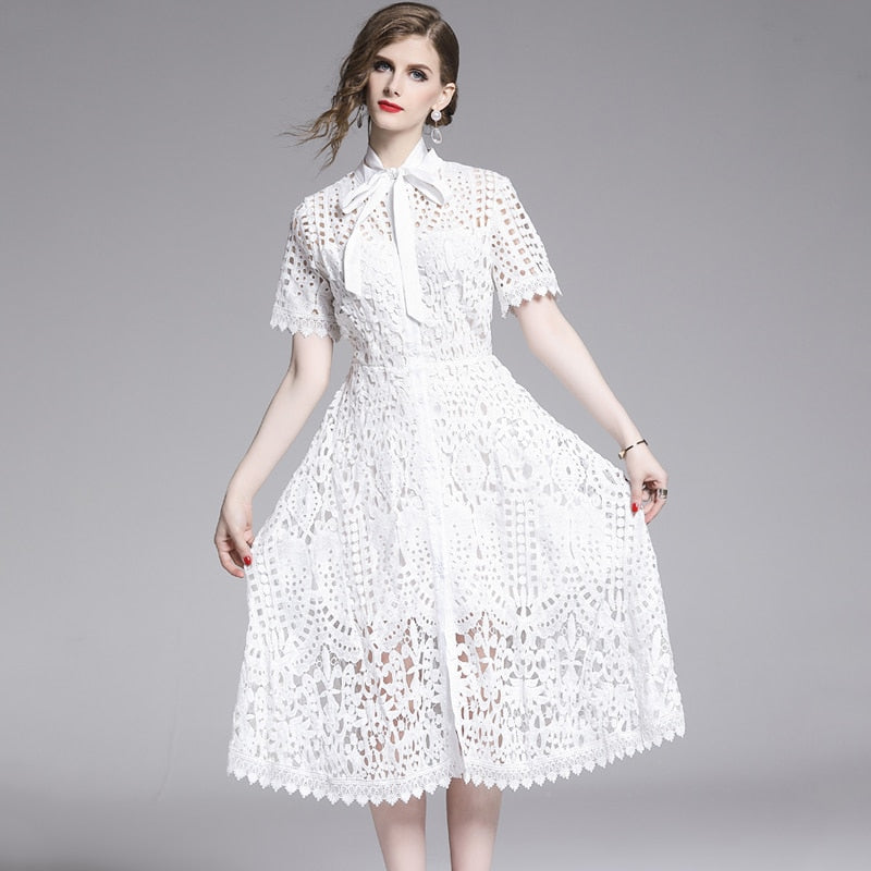 Lace Hollow Out Stand Collar Short Sleeve Dress High Waist Mid-calf Dress