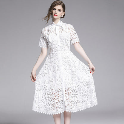 Lace Hollow Out Stand Collar Short Sleeve Dress High Waist Mid-calf Dress