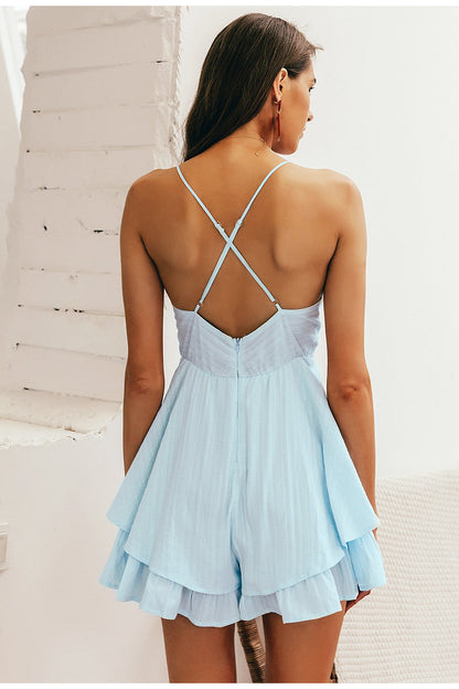 Sexy v-neck women playsuit Hollow out waist spaghetti strap ladies jumpsuit romper