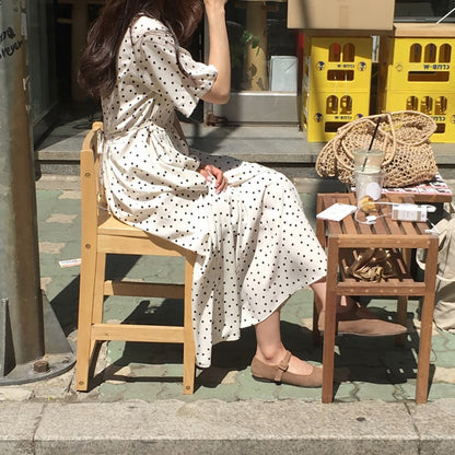 Polka Dot Slim Waist Bandage Long Dress Female Vintage Vestidos with Belt Sundress