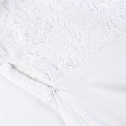 Women Summer Off Shoulder Sexy Playsuits Long Sleeve Sheer Lace Patchwork Hollow Skinny Playsuits