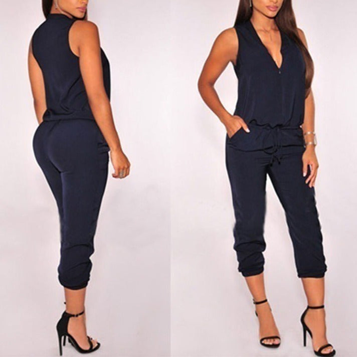 Summer Sexy V Neck Jumpsuit Long Pants Solid Rompers Women&