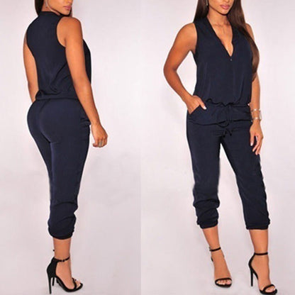Summer Sexy V Neck Jumpsuit Long Pants Solid Rompers Women&