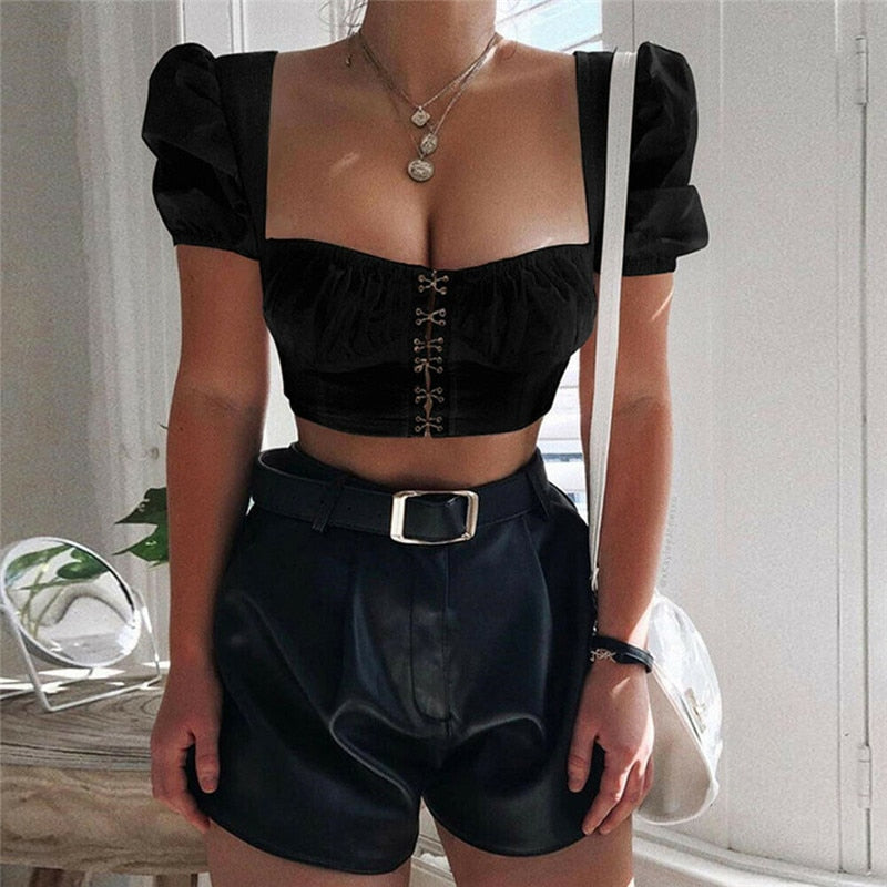 Women clothes Ladies Button Square Neck Tops Short Sleeve square collar pullover T-shirts